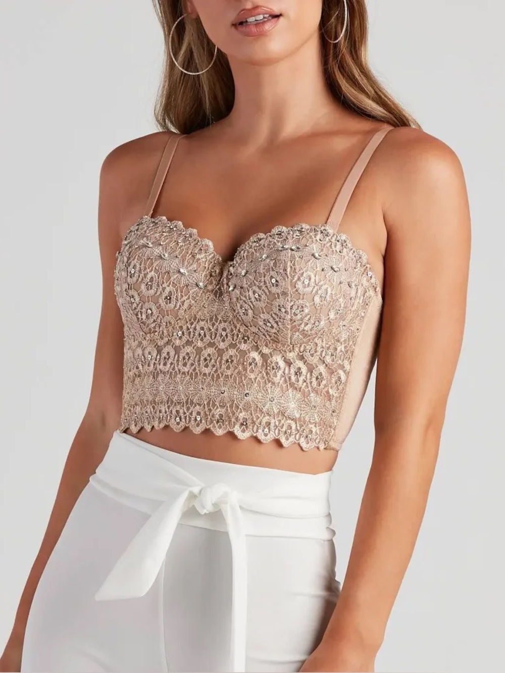 Windsor Tan Lace Longline Bustier Bra Sequin Embellished Corset Crop Top XS